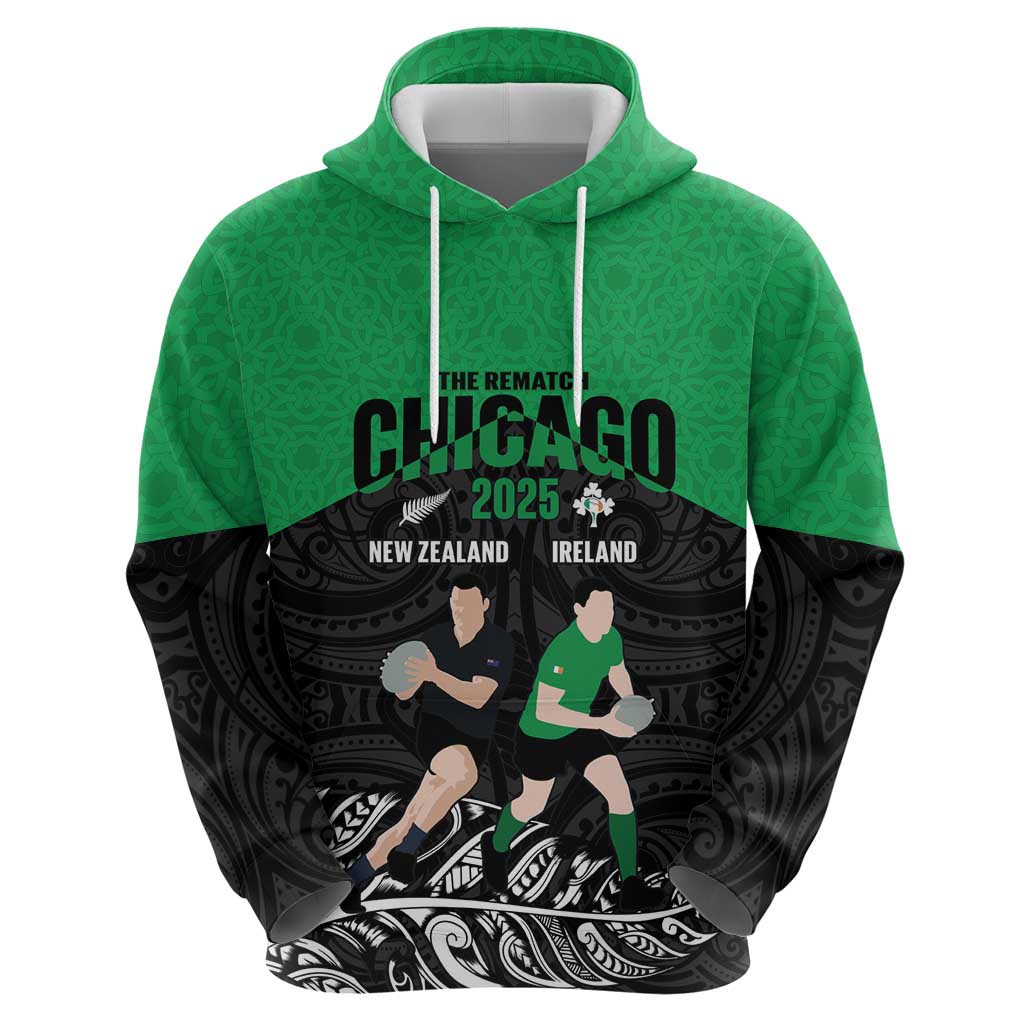 New Zealand and Ireland Rugby Custom Zip Hoodie Chicago 2025 Go All Black Shamrocks - Polynesian Pride