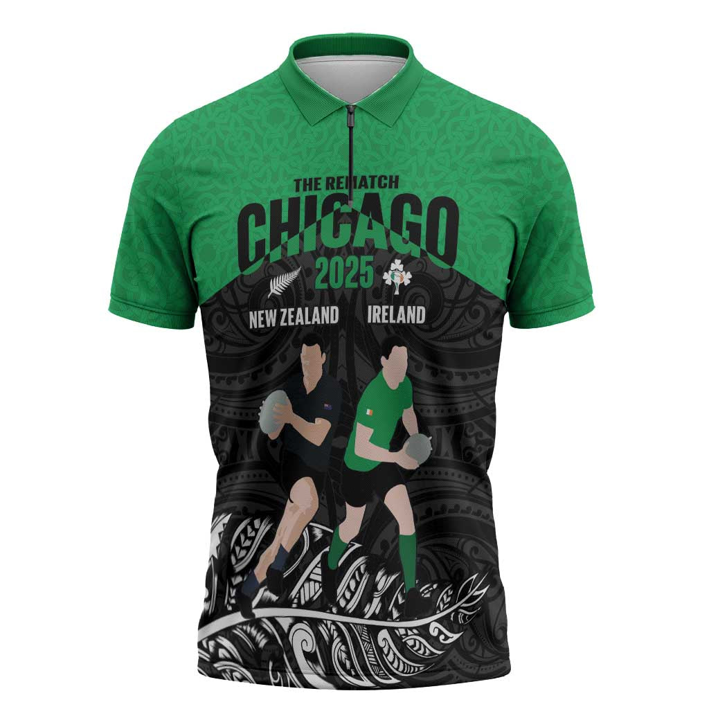 New Zealand and Ireland Rugby Custom Zipper Polo Shirt Chicago 2025 Go All Black Shamrocks - Polynesian Pride