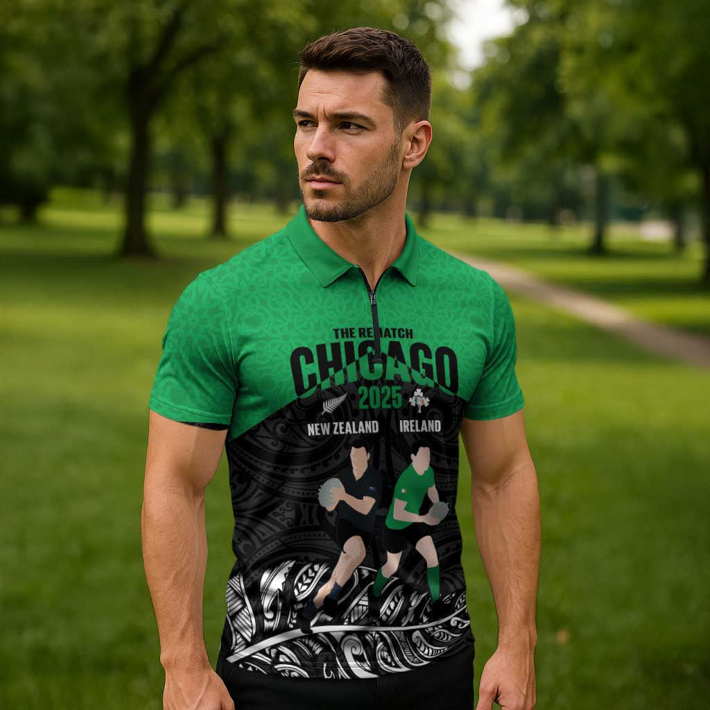 New Zealand and Ireland Rugby Custom Zipper Polo Shirt Chicago 2025 Go All Black Shamrocks - Polynesian Pride