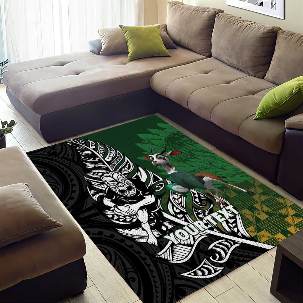 New Zealand and South Africa Rugby Custom Area Rug Maori Tiki Fern Springboks Kente Pattern - Polynesian Pride
