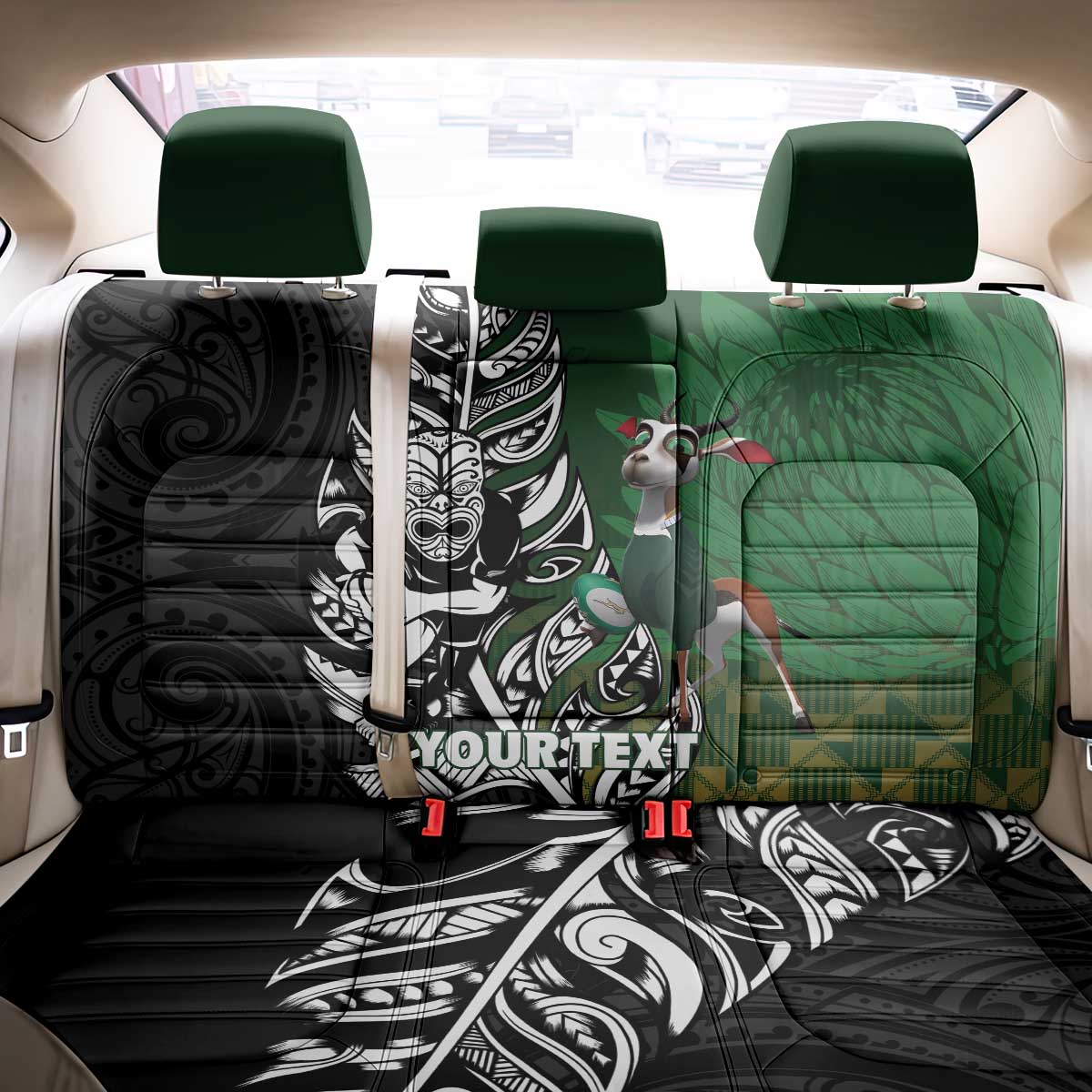 New Zealand and South Africa Rugby Custom Back Car Seat Cover Maori Tiki Fern Springboks Kente Pattern - Polynesian Pride