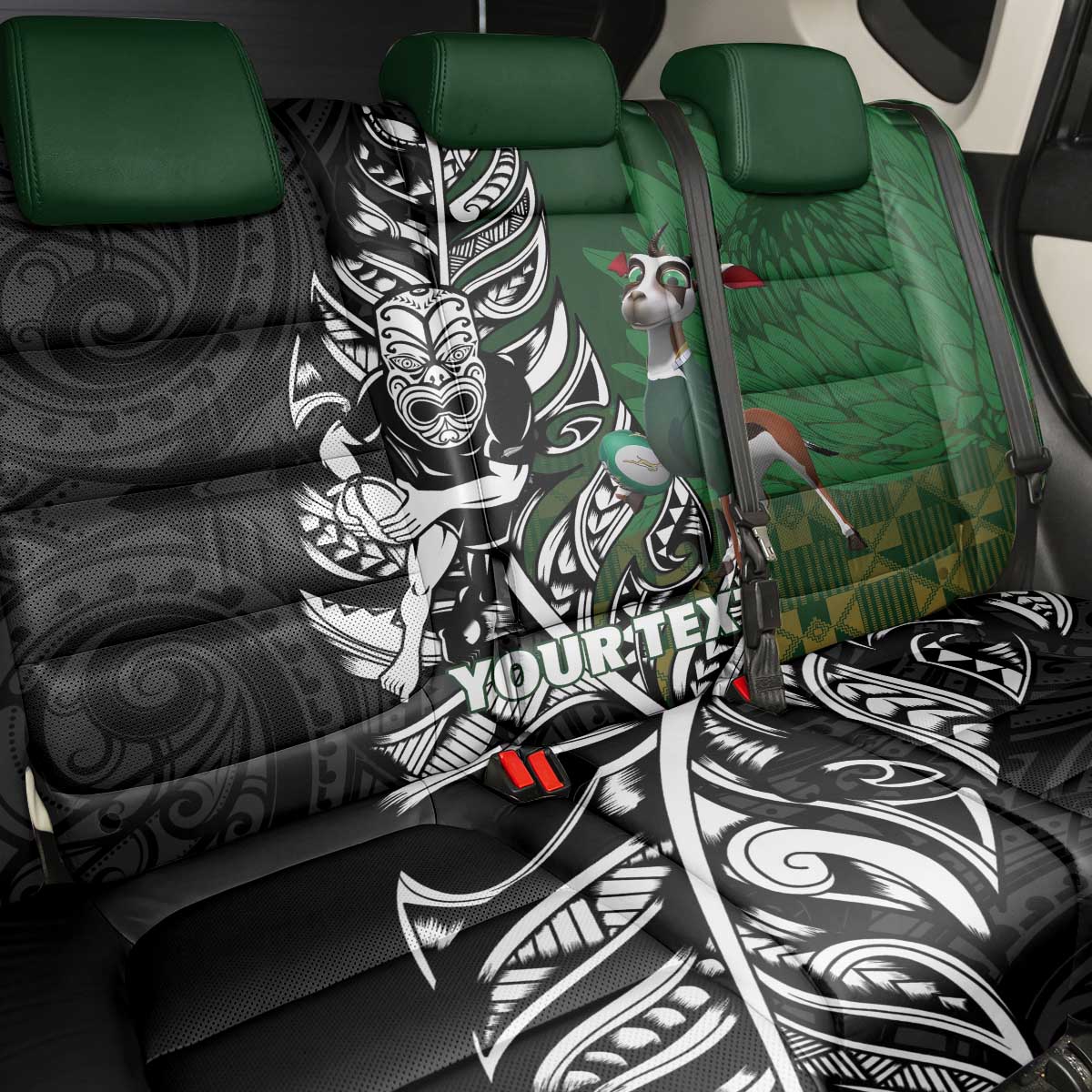 New Zealand and South Africa Rugby Custom Back Car Seat Cover Maori Tiki Fern Springboks Kente Pattern - Polynesian Pride