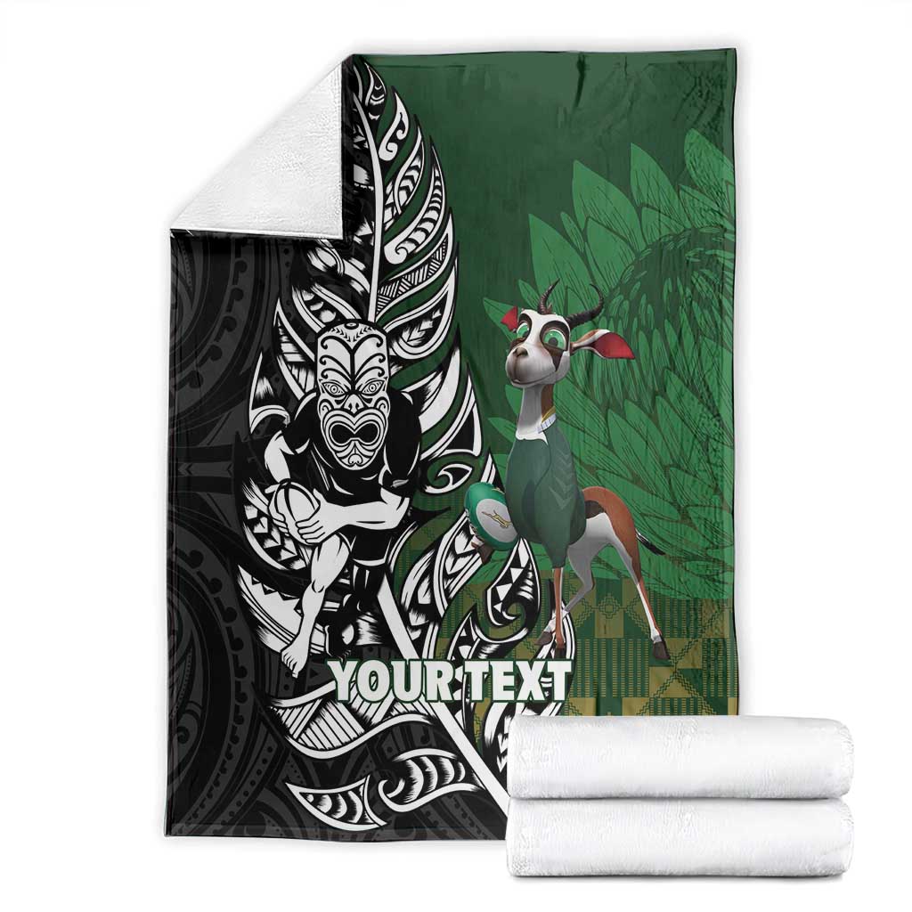 New Zealand and South Africa Rugby Custom Blanket Maori Tiki Fern Springboks Kente Pattern - Polynesian Pride