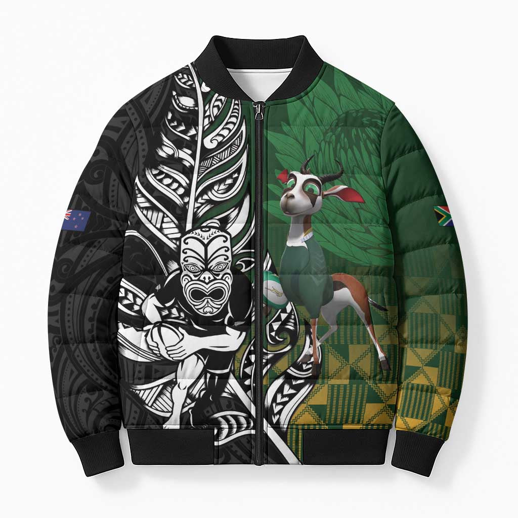 New Zealand and South Africa Rugby Custom Bomber Puffer Jacket Maori Tiki Fern Springboks Kente Pattern - Polynesian Pride