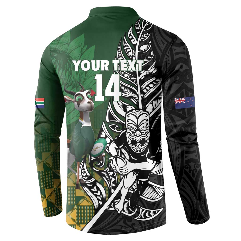 New Zealand and South Africa Rugby Custom Button Sweatshirt Maori Tiki Fern Springboks Kente Pattern - Polynesian Pride