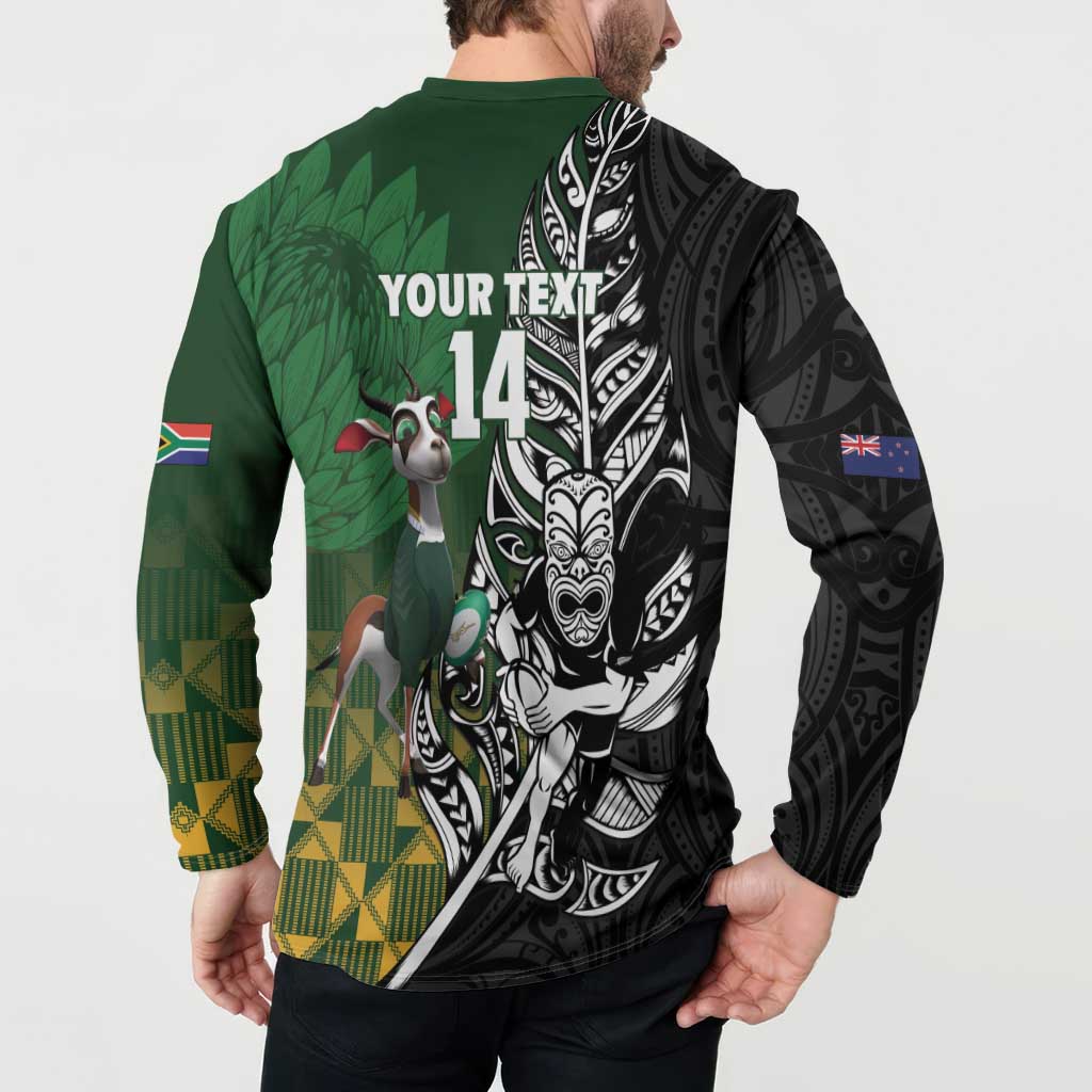 New Zealand and South Africa Rugby Custom Button Sweatshirt Maori Tiki Fern Springboks Kente Pattern - Polynesian Pride