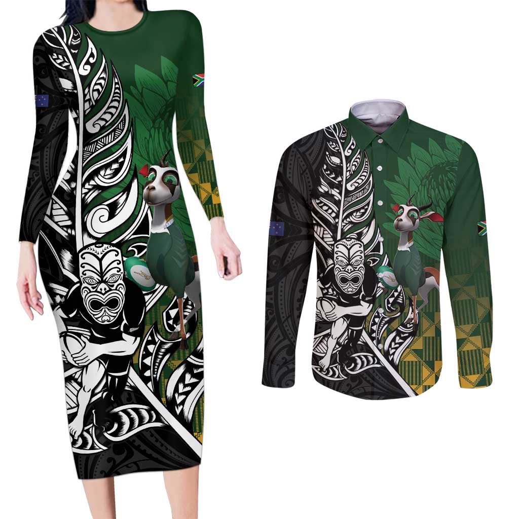 New Zealand and South Africa Rugby Custom Couples Matching Long Sleeve Bodycon Dress and Long Sleeve Button Shirt Maori Tiki Fern Springboks Kente Pattern - Polynesian Pride