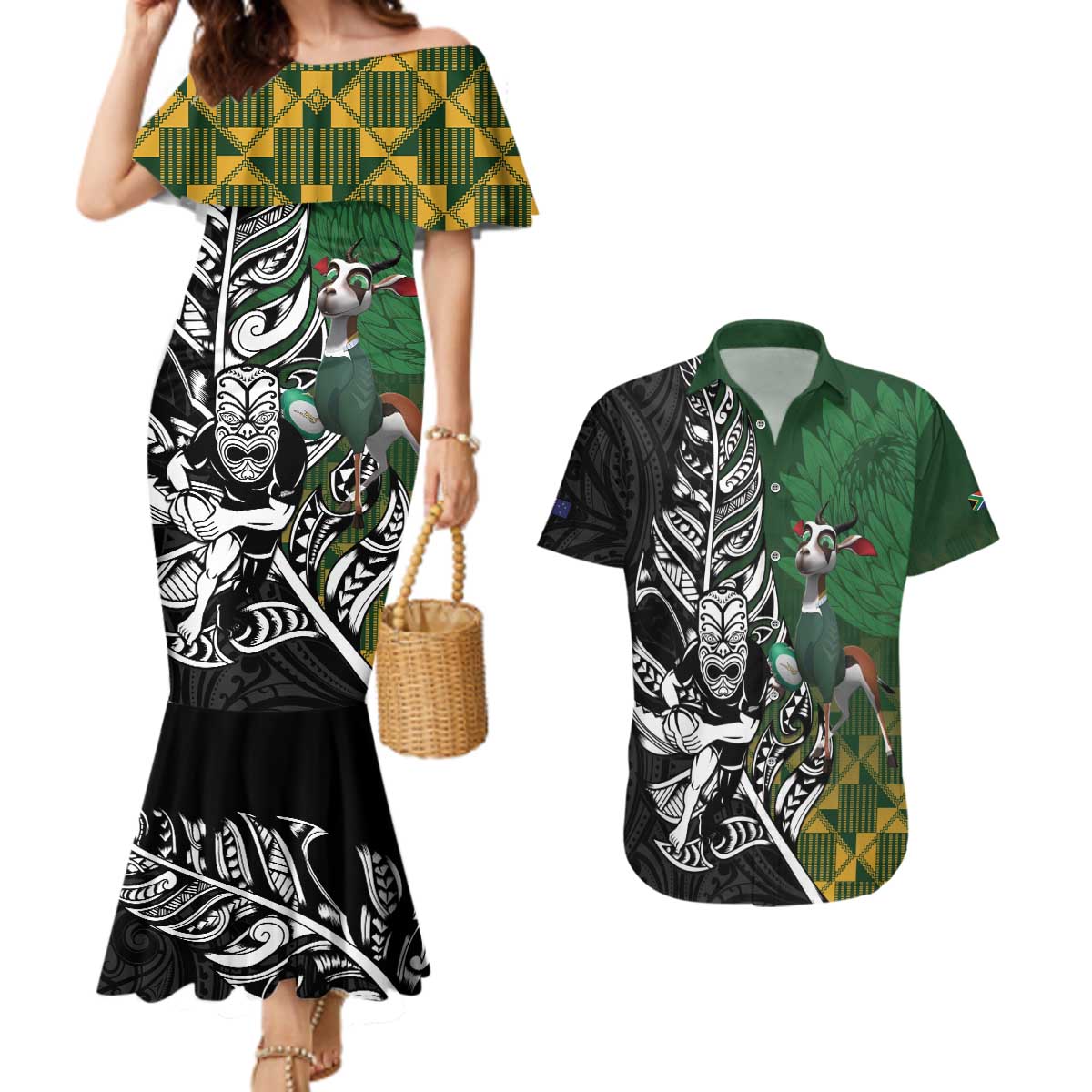 New Zealand and South Africa Rugby Custom Couples Matching Mermaid Dress and Hawaiian Shirt Maori Tiki Fern Springboks Kente Pattern - Polynesian Pride