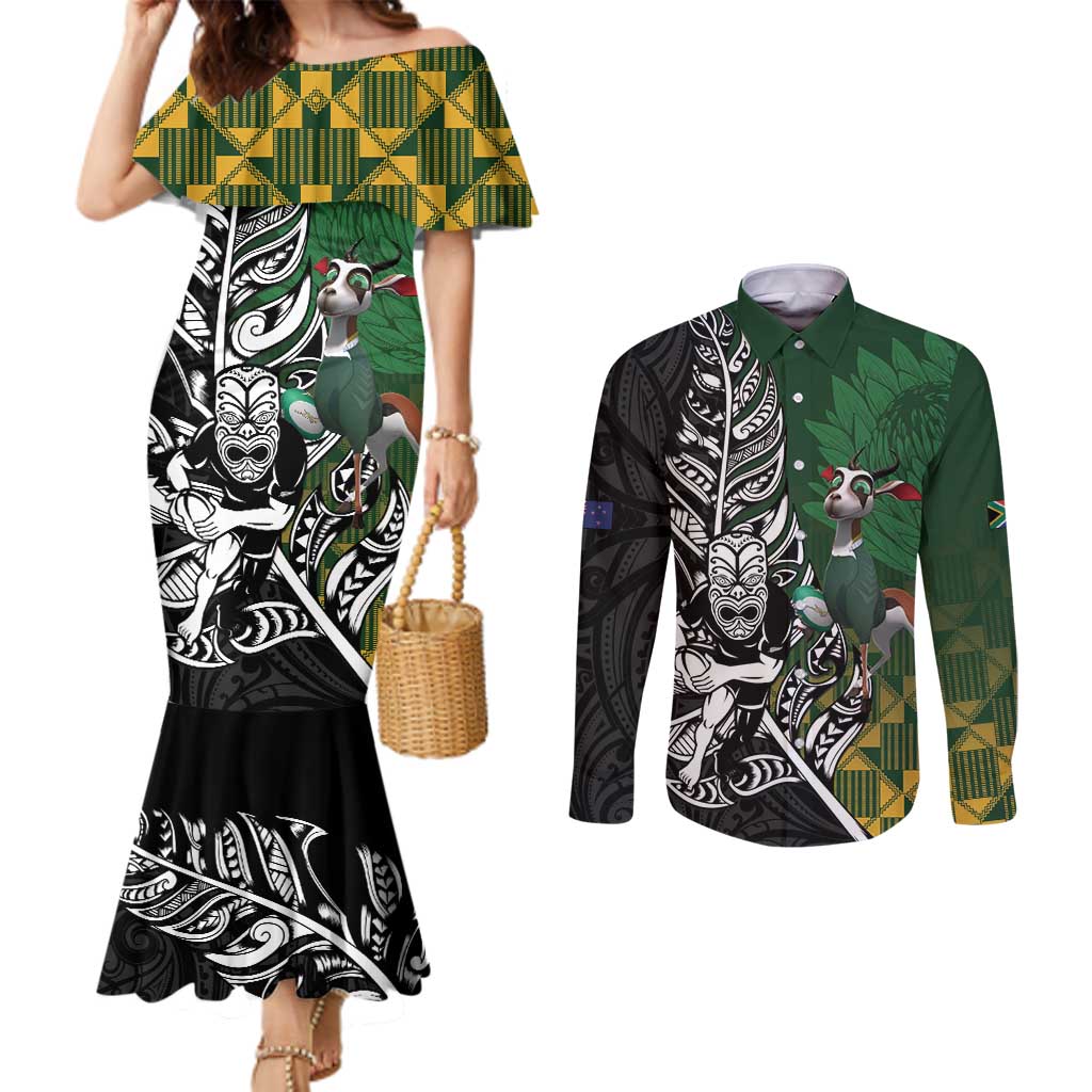 New Zealand and South Africa Rugby Custom Couples Matching Mermaid Dress and Long Sleeve Button Shirt Maori Tiki Fern Springboks Kente Pattern - Polynesian Pride