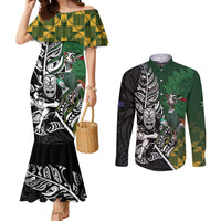 New Zealand and South Africa Rugby Custom Couples Matching Mermaid Dress and Long Sleeve Button Shirt Maori Tiki Fern Springboks Kente Pattern - Polynesian Pride