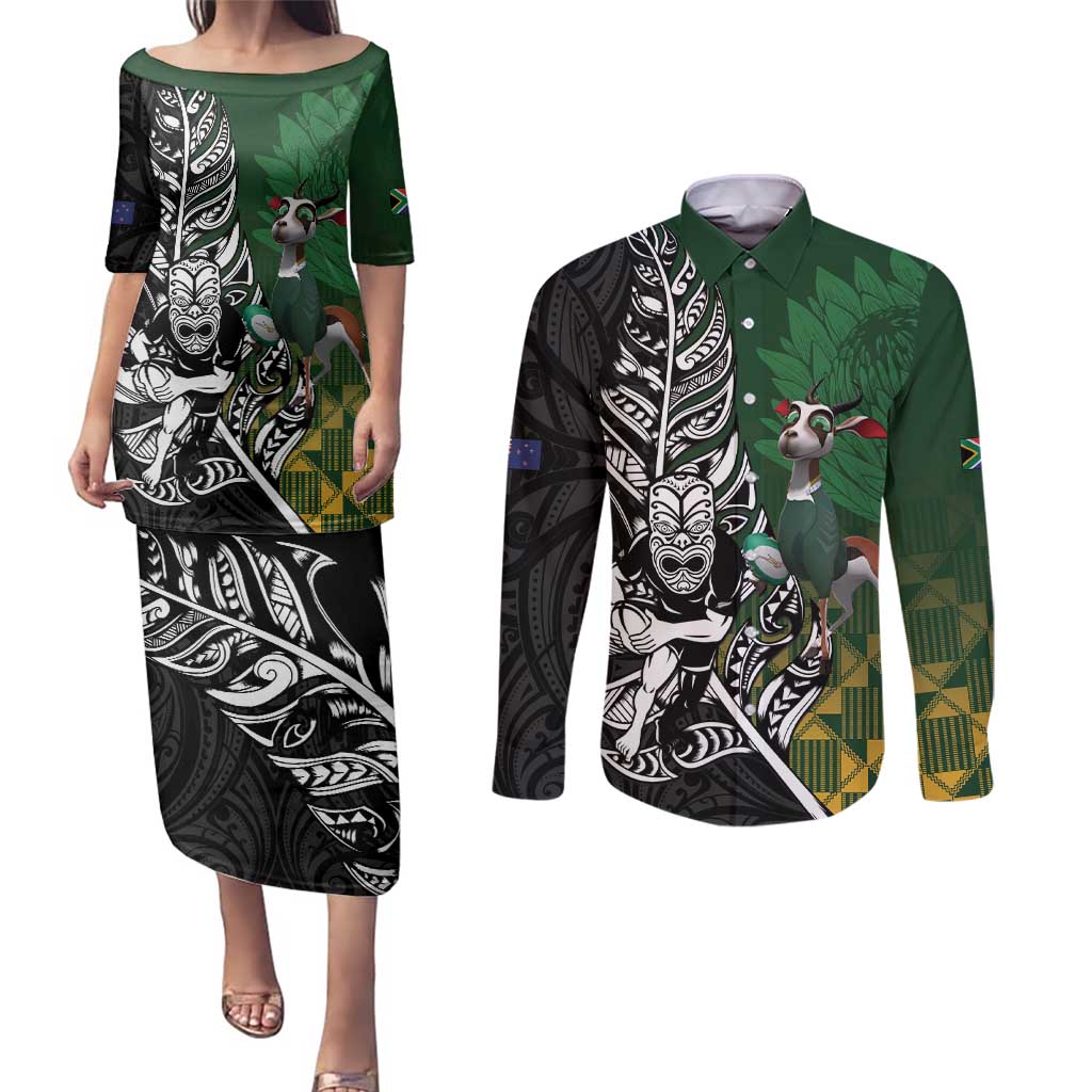 New Zealand and South Africa Rugby Custom Couples Matching Puletasi and Long Sleeve Button Shirt Maori Tiki Fern Springboks Kente Pattern - Polynesian Pride