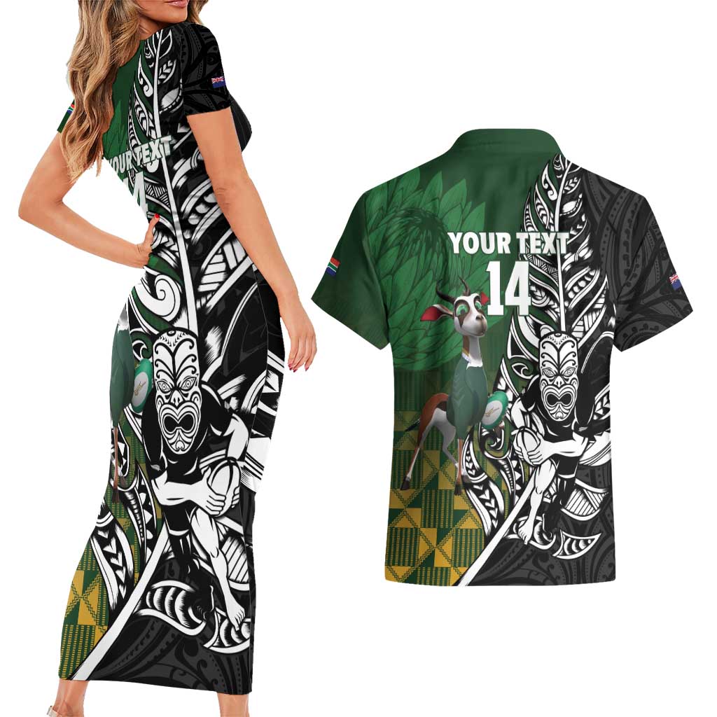 New Zealand and South Africa Rugby Custom Couples Matching Short Sleeve Bodycon Dress and Hawaiian Shirt Maori Tiki Fern Springboks Kente Pattern - Polynesian Pride