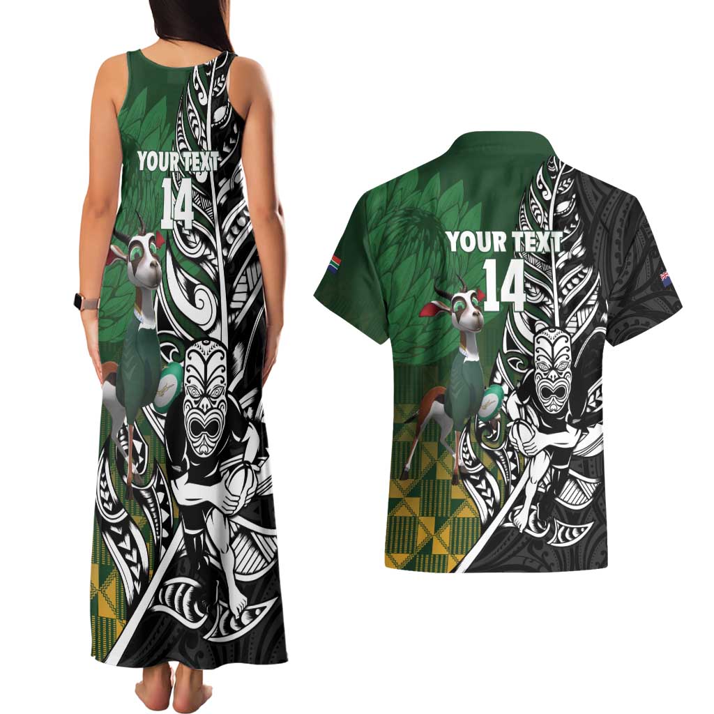 New Zealand and South Africa Rugby Custom Couples Matching Tank Maxi Dress and Hawaiian Shirt Maori Tiki Fern Springboks Kente Pattern - Polynesian Pride
