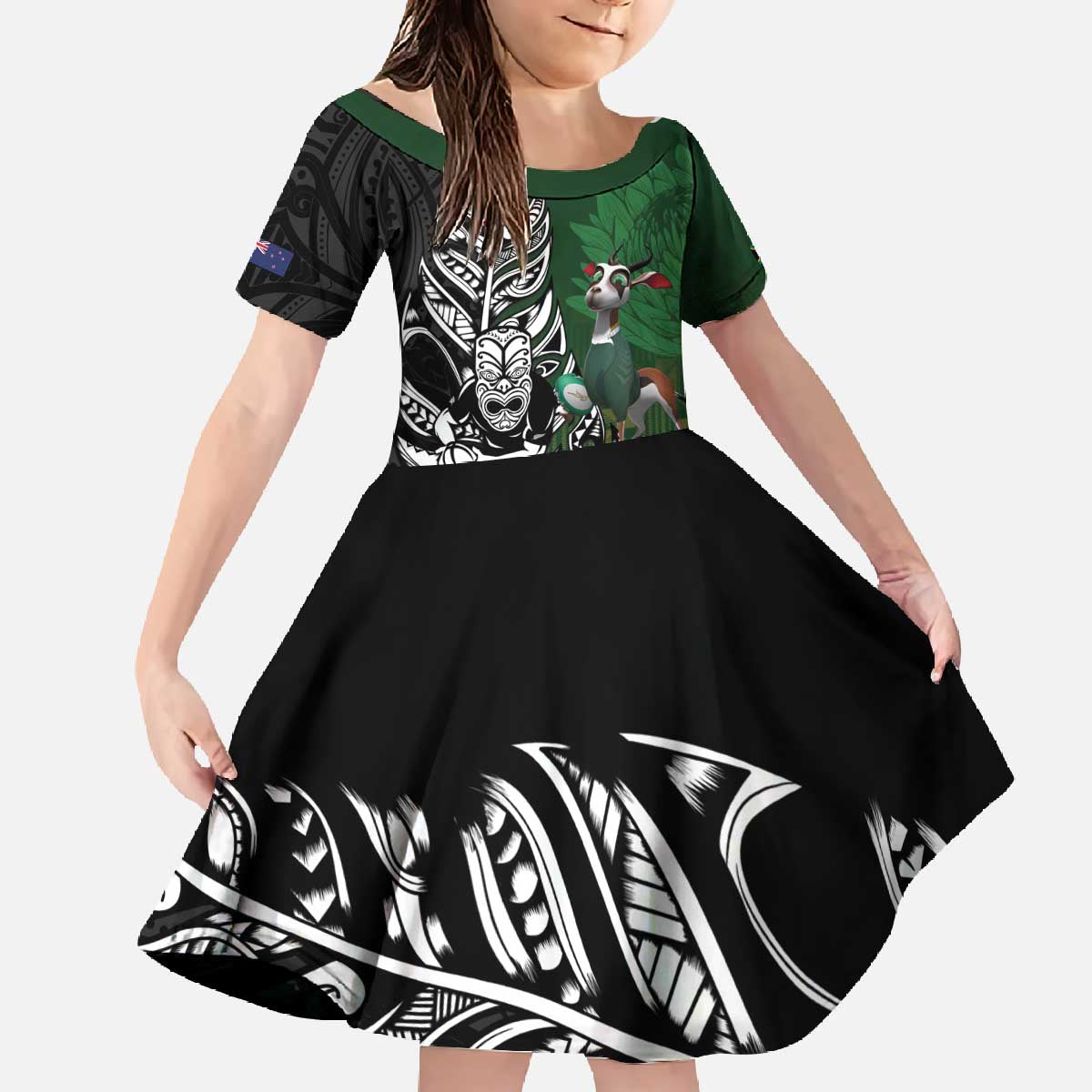 New Zealand and South Africa Rugby Custom Family Matching Off The Shoulder Long Sleeve Dress and Hawaiian Shirt Maori Tiki Fern Springboks Kente Pattern - Polynesian Pride
