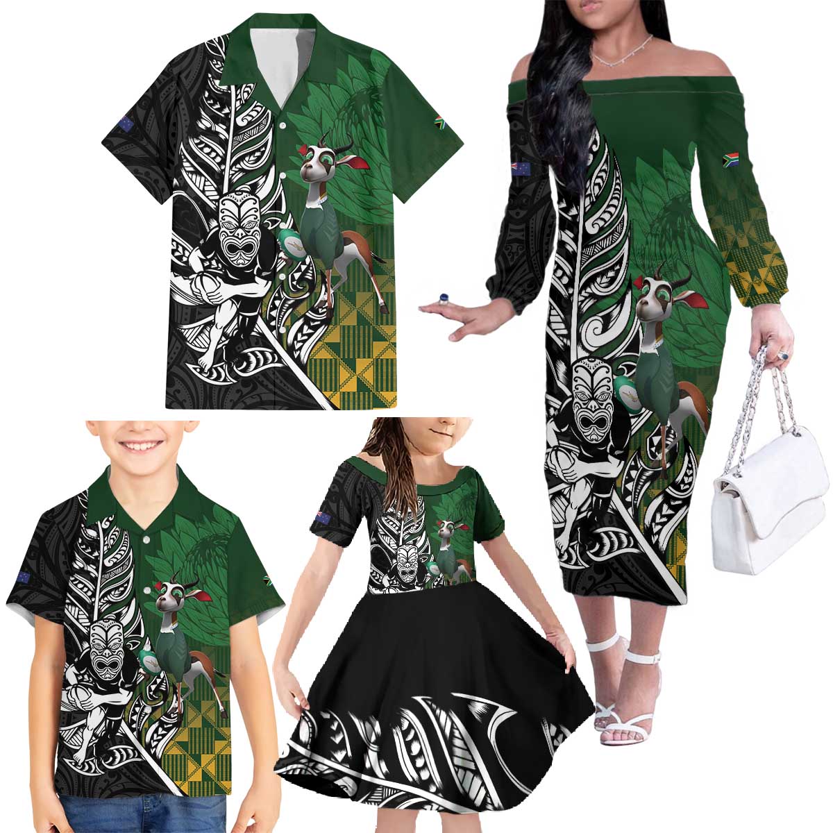 New Zealand and South Africa Rugby Custom Family Matching Off The Shoulder Long Sleeve Dress and Hawaiian Shirt Maori Tiki Fern Springboks Kente Pattern - Polynesian Pride