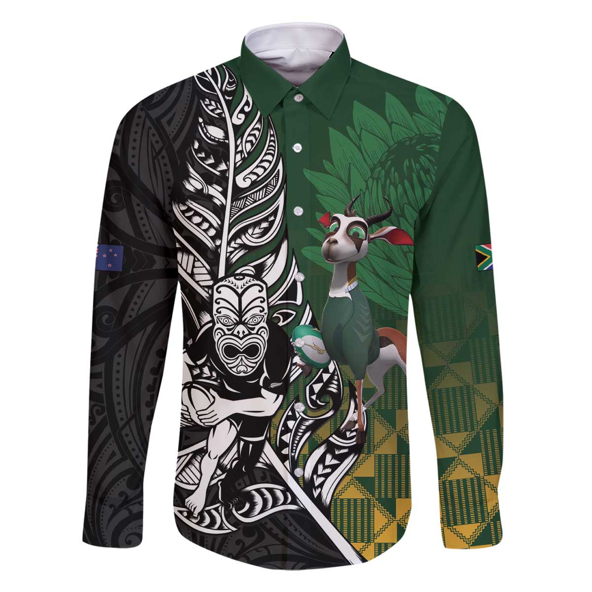 New Zealand and South Africa Rugby Custom Family Matching Off The Shoulder Long Sleeve Dress and Hawaiian Shirt Maori Tiki Fern Springboks Kente Pattern - Polynesian Pride