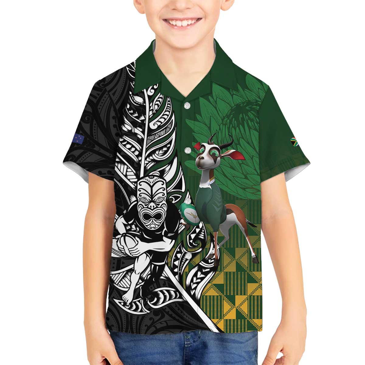 New Zealand and South Africa Rugby Custom Family Matching Off The Shoulder Long Sleeve Dress and Hawaiian Shirt Maori Tiki Fern Springboks Kente Pattern - Polynesian Pride