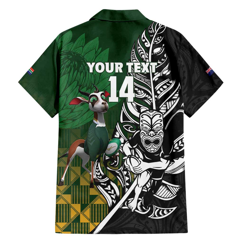 New Zealand and South Africa Rugby Custom Family Matching Off Shoulder Short Dress and Hawaiian Shirt Maori Tiki Fern Springboks Kente Pattern - Polynesian Pride