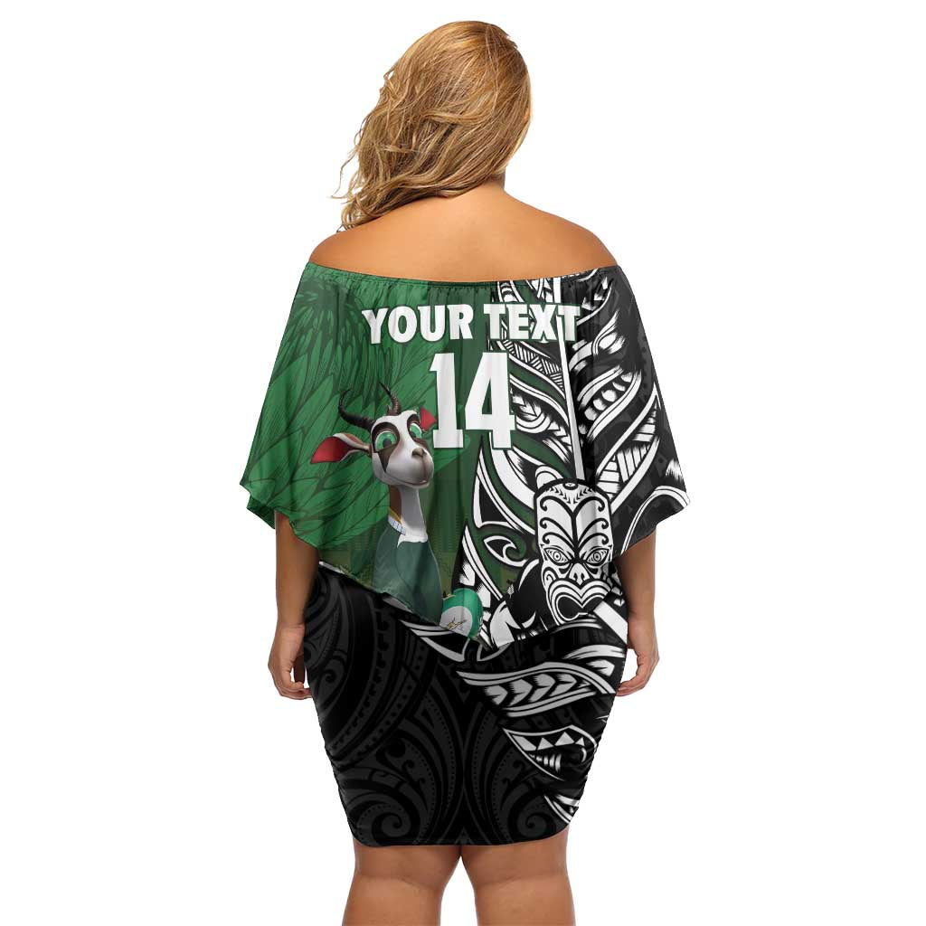 New Zealand and South Africa Rugby Custom Family Matching Off Shoulder Short Dress and Hawaiian Shirt Maori Tiki Fern Springboks Kente Pattern - Polynesian Pride