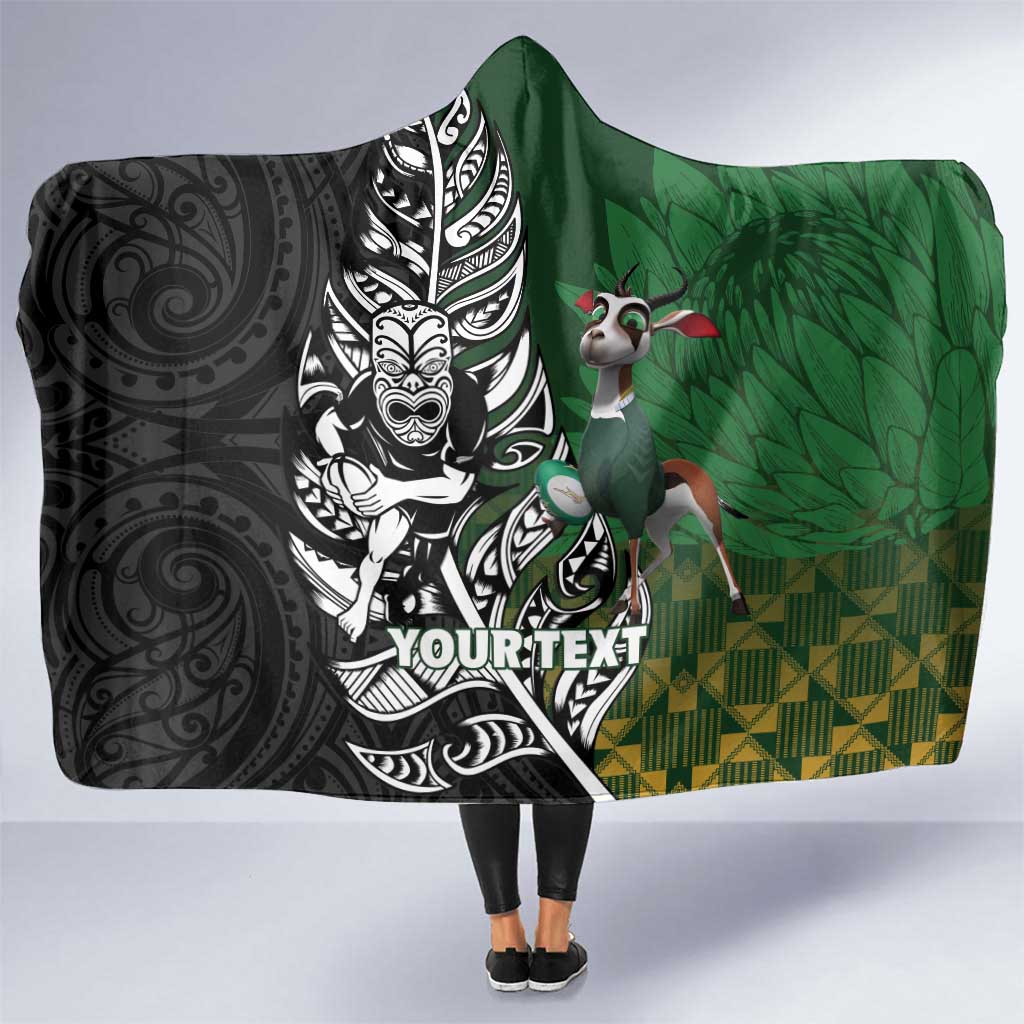 New Zealand and South Africa Rugby Custom Hooded Blanket Maori Tiki Fern Springboks Kente Pattern - Polynesian Pride