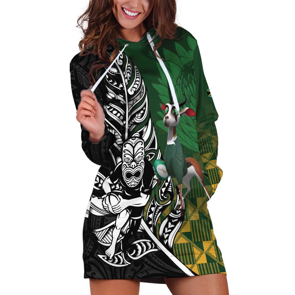 New Zealand and South Africa Rugby Custom Hoodie Dress Maori Tiki Fern Springboks Kente Pattern - Polynesian Pride