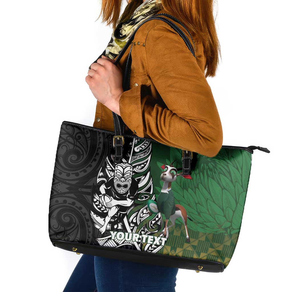 New Zealand and South Africa Rugby Custom Leather Tote Bag Maori Tiki Fern Springboks Kente Pattern - Polynesian Pride