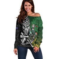 New Zealand and South Africa Rugby Custom Off Shoulder Sweater Maori Tiki Fern Springboks Kente Pattern - Polynesian Pride