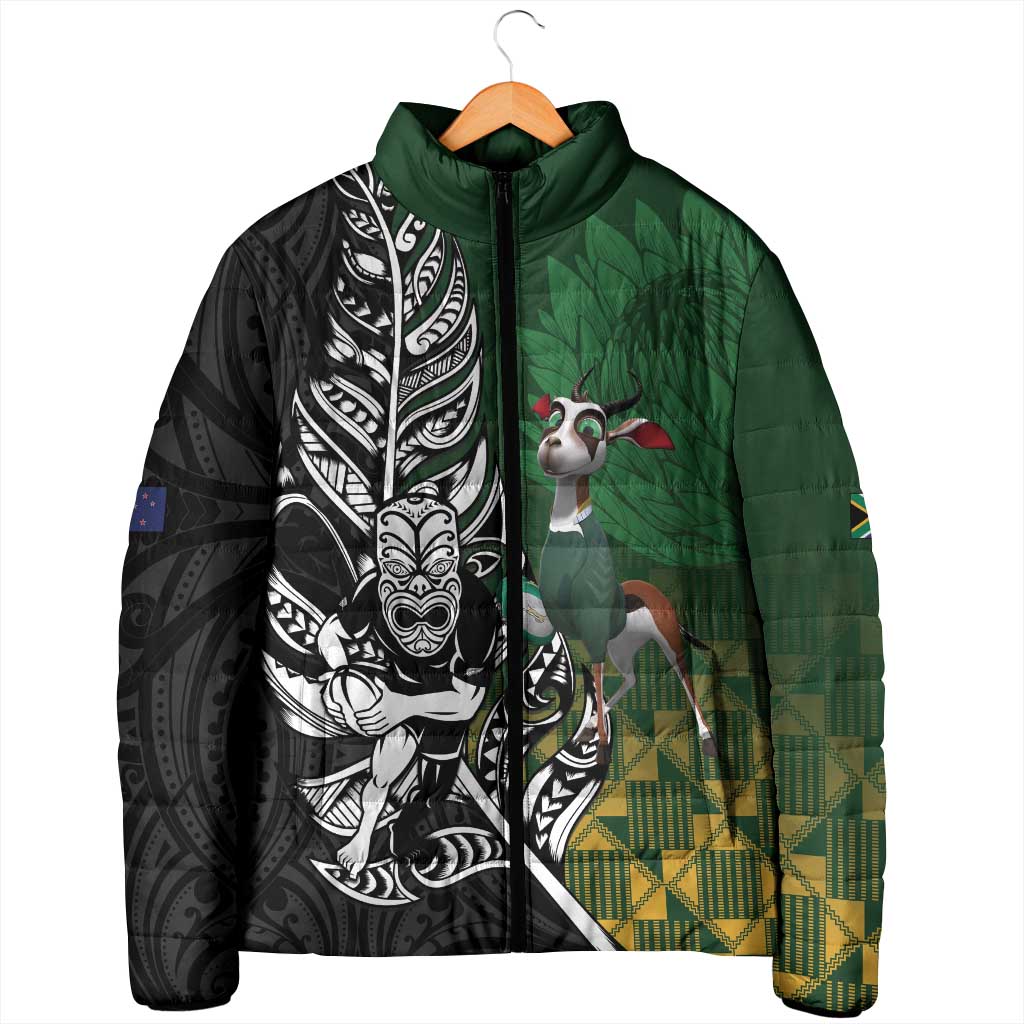 New Zealand and South Africa Rugby Custom Padded Jacket Maori Tiki Fern Springboks Kente Pattern - Polynesian Pride