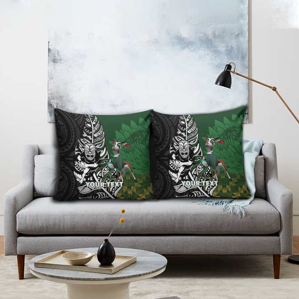 New Zealand and South Africa Rugby Custom Pillow Cover Maori Tiki Fern Springboks Kente Pattern - Polynesian Pride