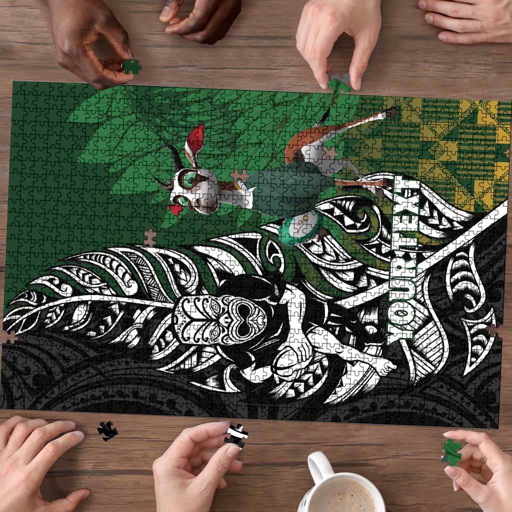 New Zealand and South Africa Rugby Custom Puzzle Maori Tiki Fern Springboks Kente Pattern - Polynesian Pride