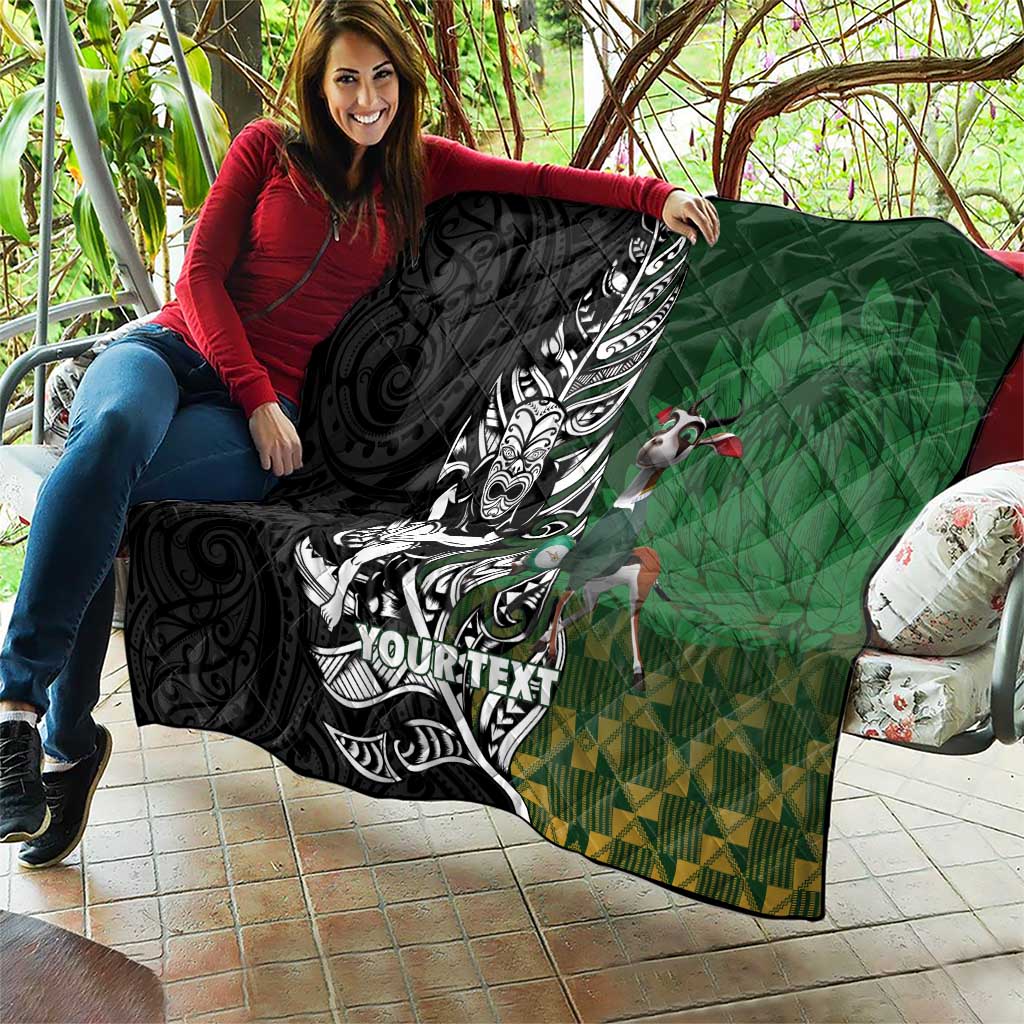New Zealand and South Africa Rugby Custom Quilt Maori Tiki Fern Springboks Kente Pattern - Polynesian Pride