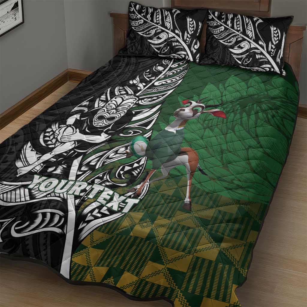 New Zealand and South Africa Rugby Custom Quilt Bed Set Maori Tiki Fern Springboks Kente Pattern - Polynesian Pride