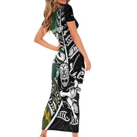 New Zealand and South Africa Rugby Custom Short Sleeve Bodycon Dress Maori Tiki Fern Springboks Kente Pattern - Polynesian Pride