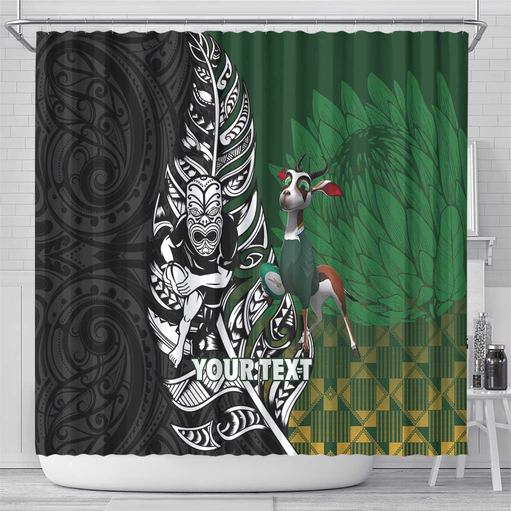 New Zealand and South Africa Rugby Custom Shower Curtain Maori Tiki Fern Springboks Kente Pattern - Polynesian Pride