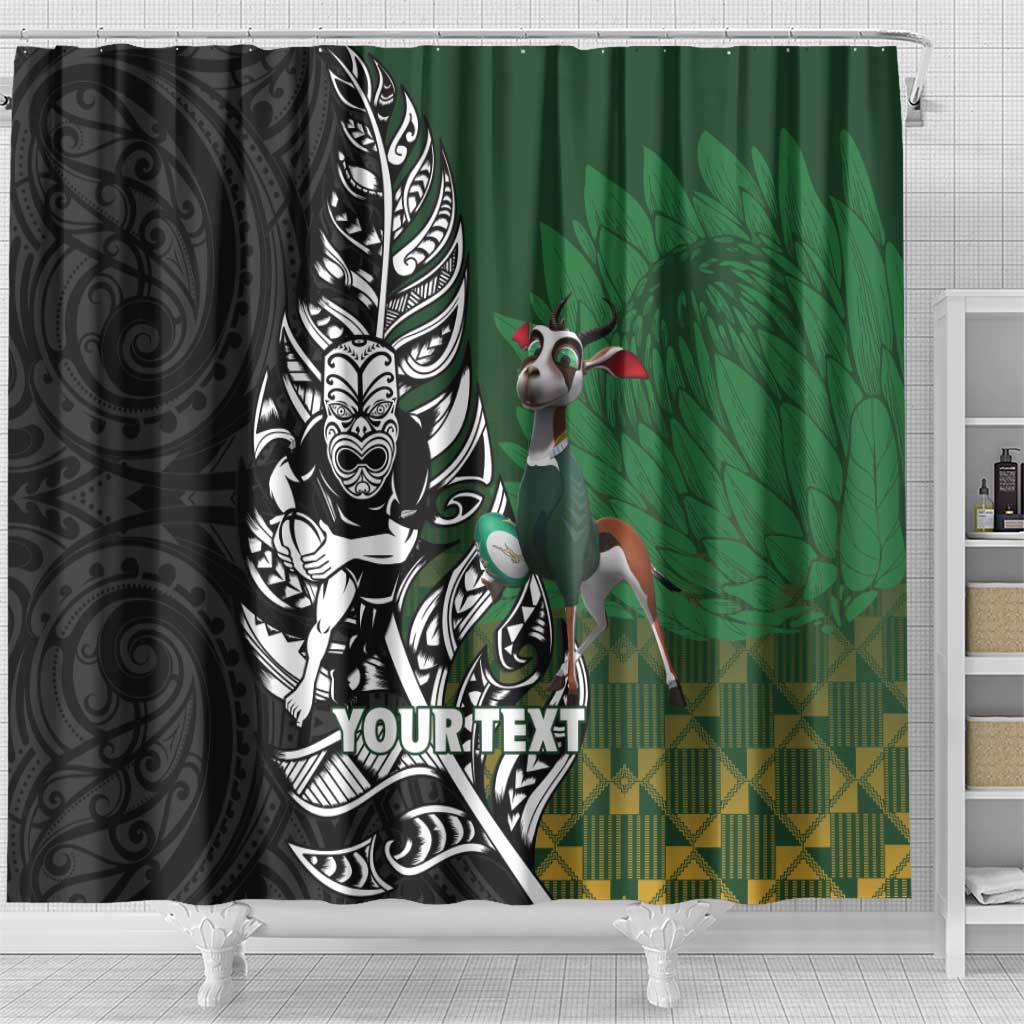 New Zealand and South Africa Rugby Custom Shower Curtain Maori Tiki Fern Springboks Kente Pattern - Polynesian Pride