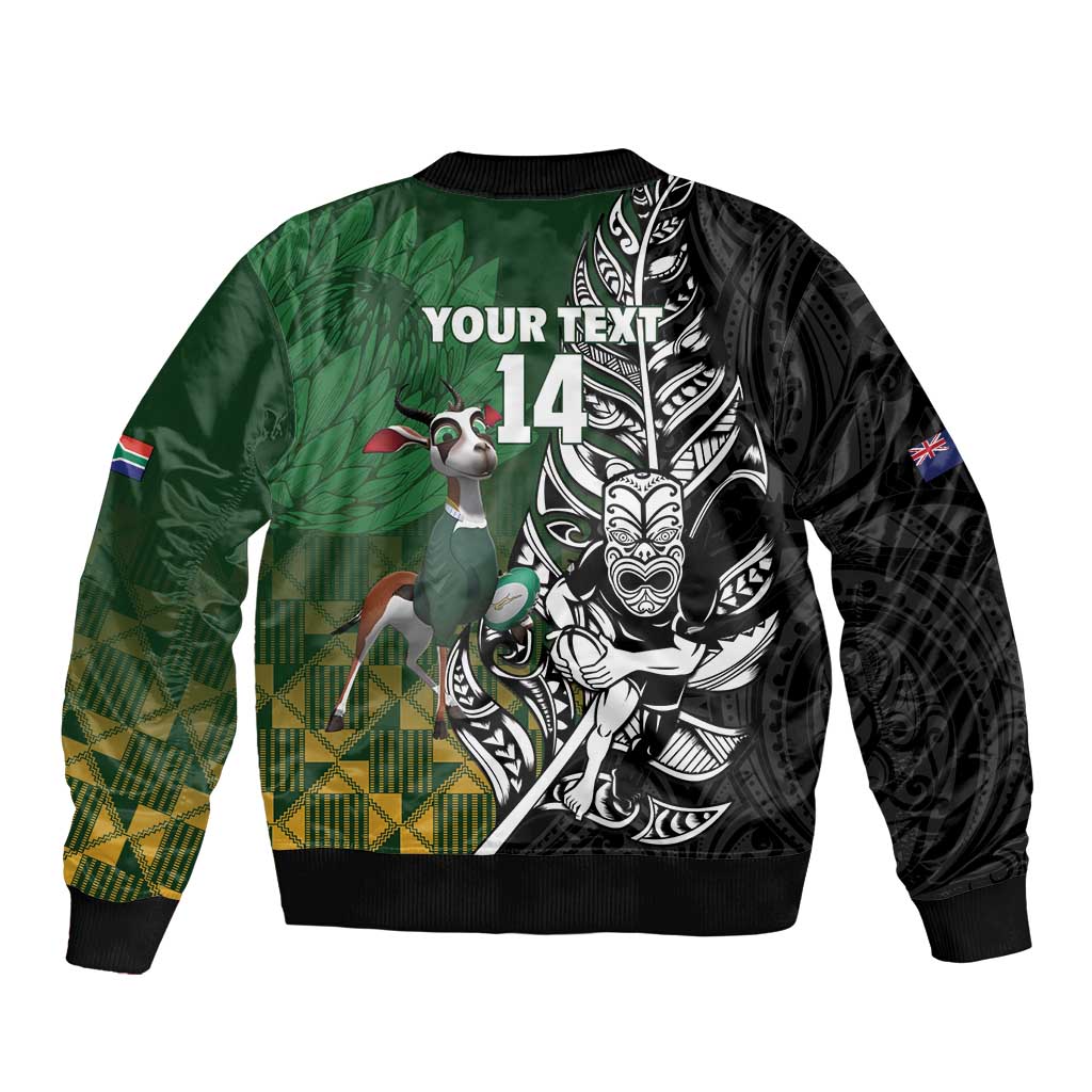 New Zealand and South Africa Rugby Custom Sleeve Zip Bomber Jacket Maori Tiki Fern Springboks Kente Pattern - Polynesian Pride