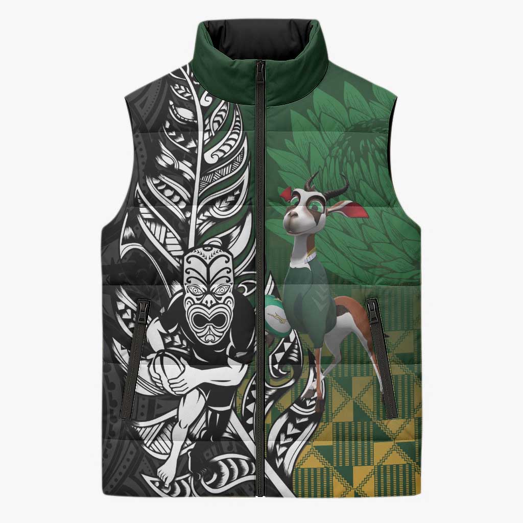 New Zealand and South Africa Rugby Custom Sleeveless Puffer Jacket Maori Tiki Fern Springboks Kente Pattern - Polynesian Pride