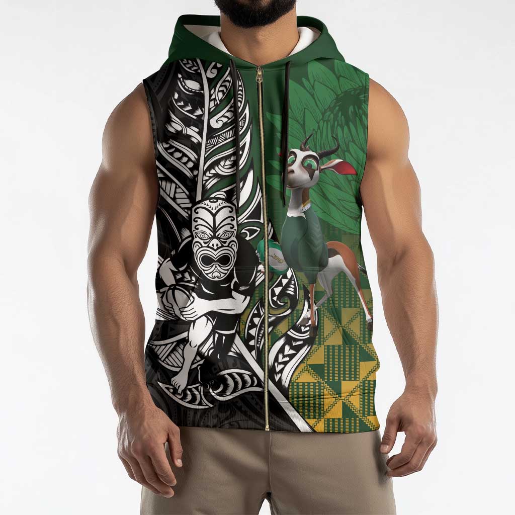 New Zealand and South Africa Rugby Custom Sleeveless Zip Hoodie Maori Tiki Fern Springboks Kente Pattern - Polynesian Pride