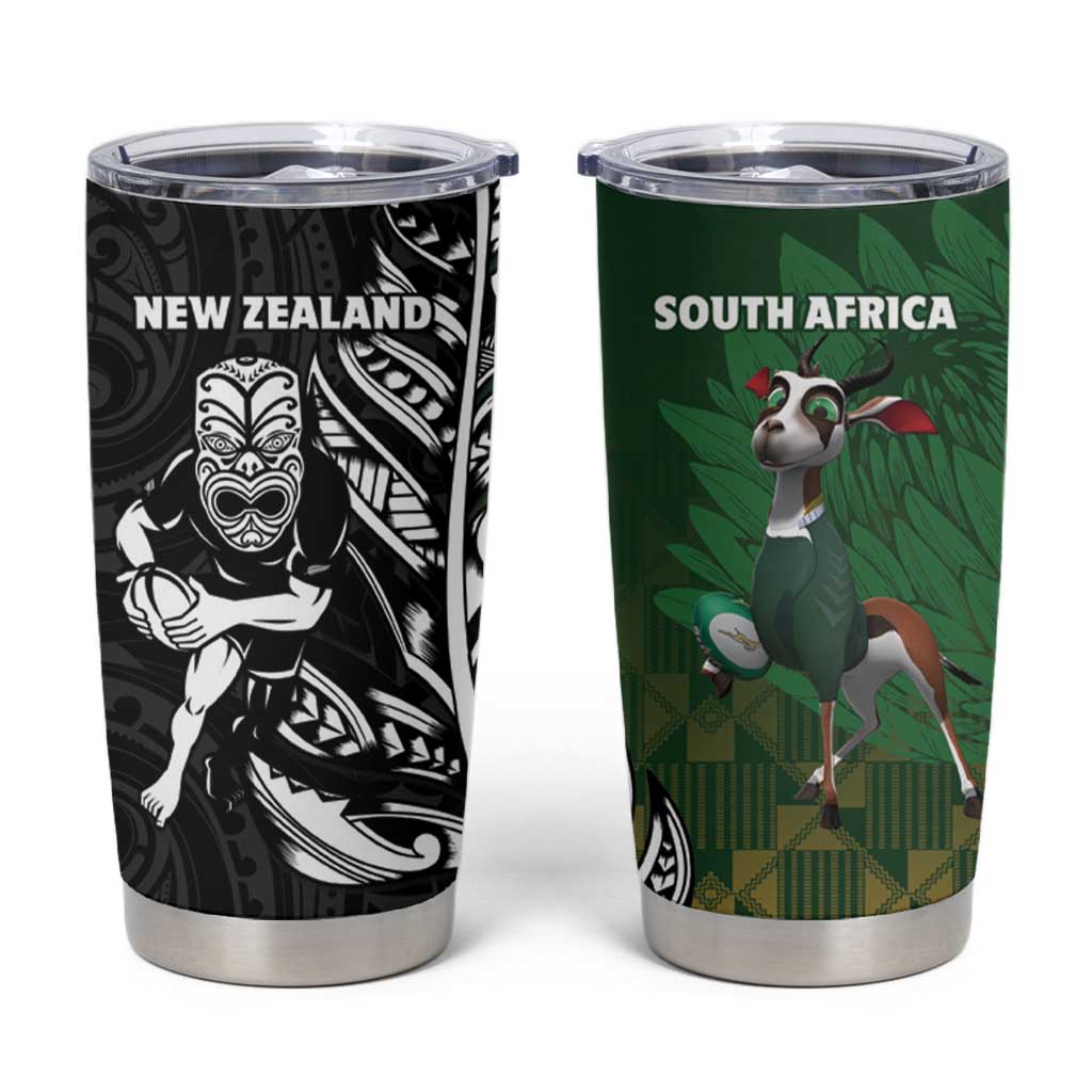 New Zealand and South Africa Rugby Tumbler Cup Maori Tiki Fern Springboks Kente Pattern - Polynesian Pride