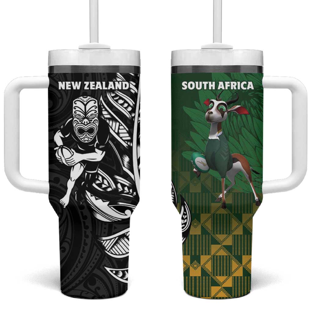 New Zealand and South Africa Rugby Tumbler With Handle Maori Tiki Fern Springboks Kente Pattern - Polynesian Pride