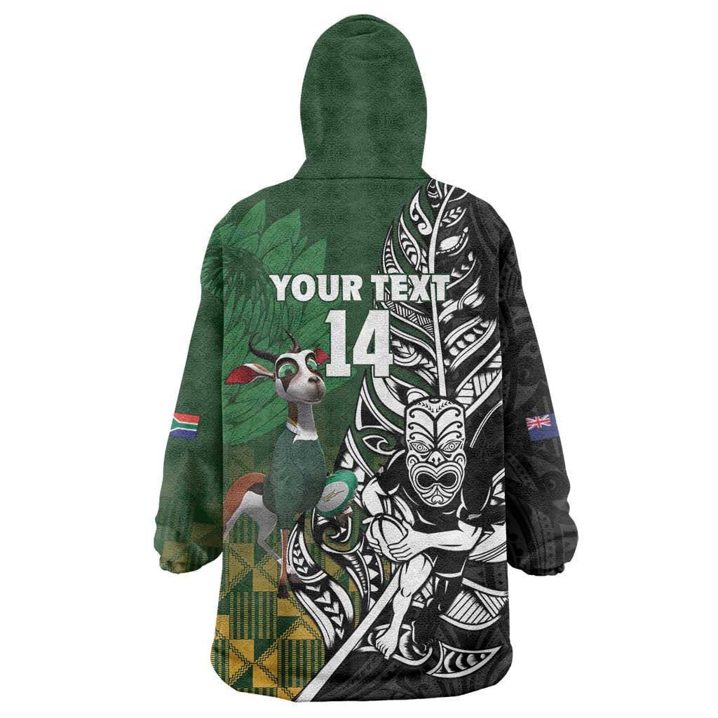 New Zealand and South Africa Rugby Custom Wearable Blanket Hoodie Maori Tiki Fern Springboks Kente Pattern - Polynesian Pride