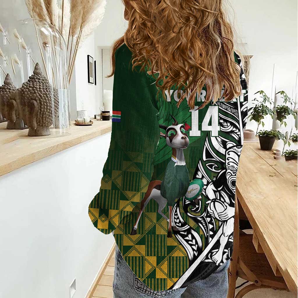 New Zealand and South Africa Rugby Custom Women Casual Shirt Maori Tiki Fern Springboks Kente Pattern - Polynesian Pride