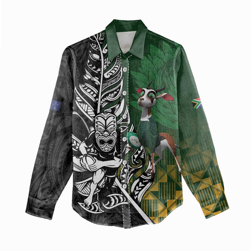 New Zealand and South Africa Rugby Custom Women Casual Shirt Maori Tiki Fern Springboks Kente Pattern - Polynesian Pride