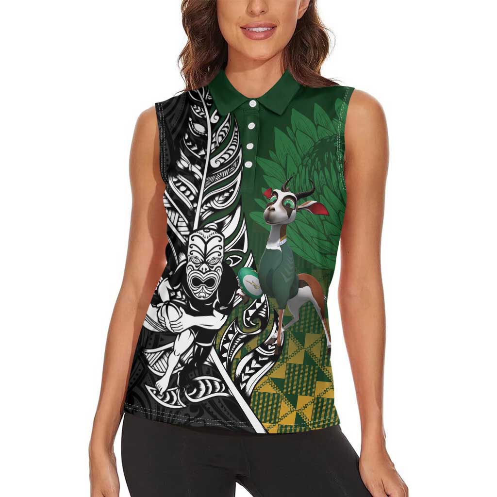 New Zealand and South Africa Rugby Custom Women Sleeveless Polo Shirt Maori Tiki Fern Springboks Kente Pattern - Polynesian Pride