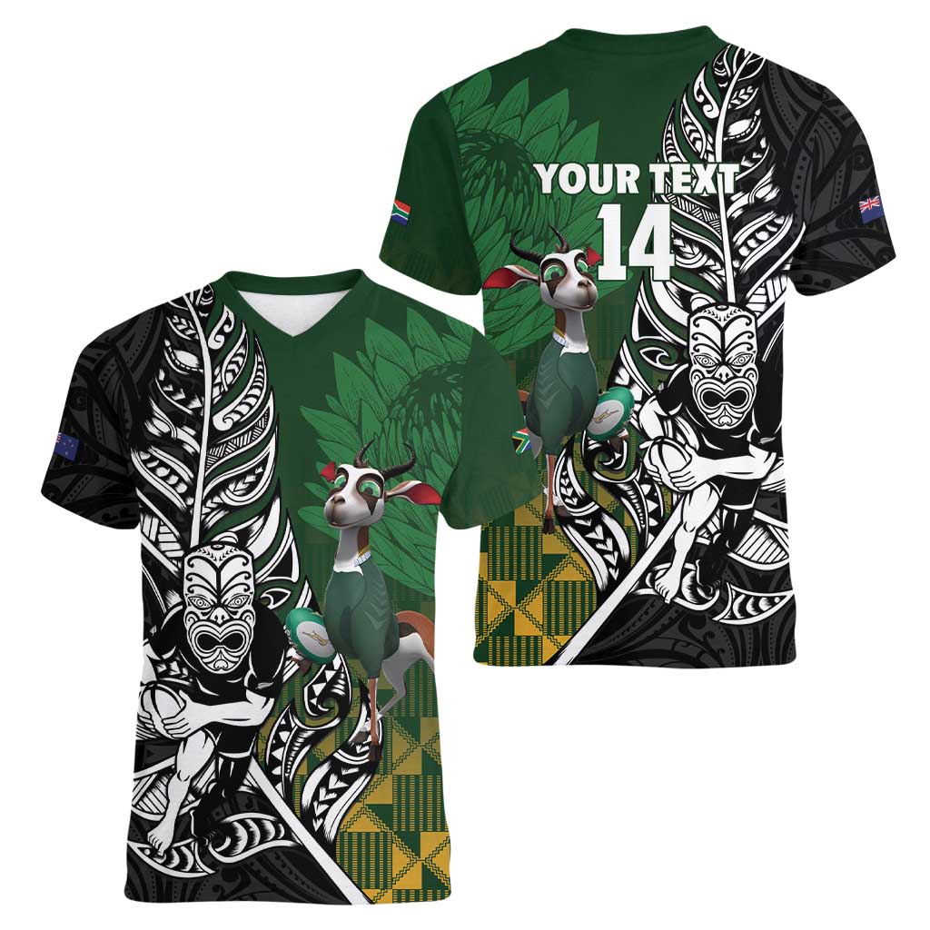New Zealand and South Africa Rugby Custom Women V-Neck T-Shirt Maori Tiki Fern Springboks Kente Pattern - Polynesian Pride