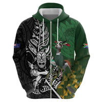 New Zealand and South Africa Rugby Custom Zip Hoodie Maori Tiki Fern Springboks Kente Pattern - Polynesian Pride