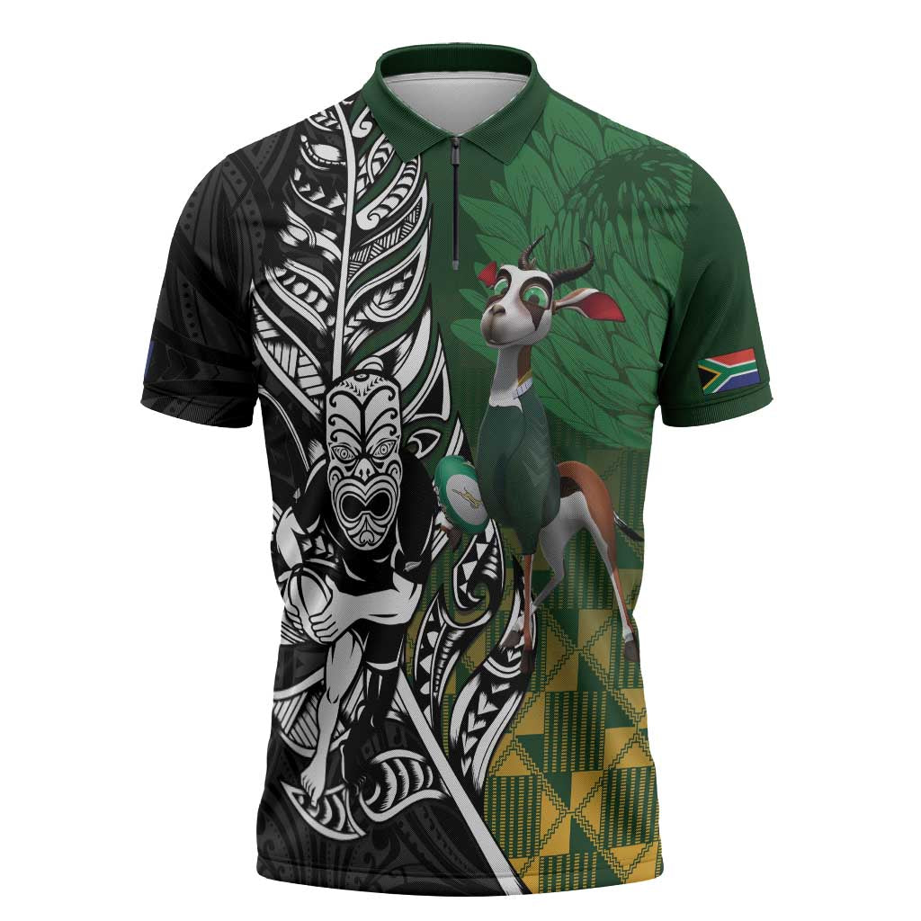 New Zealand and South Africa Rugby Custom Zipper Polo Shirt Maori Tiki Fern Springboks Kente Pattern - Polynesian Pride