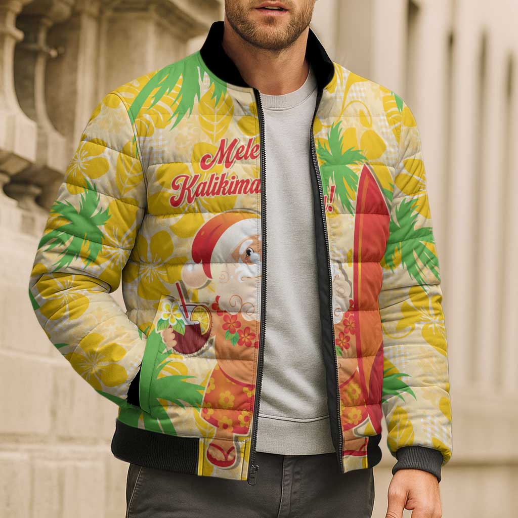 Aloha Hawaii Christmas Bomber Puffer Jacket Mele Kalikimaka Funny Santa Palaka Quilt Motifs - Polynesian Pride
