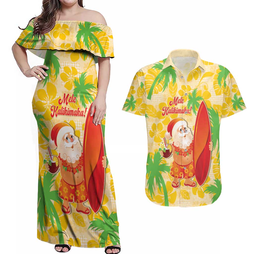 Aloha Hawaii Christmas Couples Matching Off Shoulder Maxi Dress and Hawaiian Shirt Mele Kalikimaka Funny Santa Palaka Quilt Motifs - Polynesian Pride