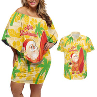 Aloha Hawaii Christmas Couples Matching Off Shoulder Short Dress and Hawaiian Shirt Mele Kalikimaka Funny Santa Palaka Quilt Motifs - Polynesian Pride